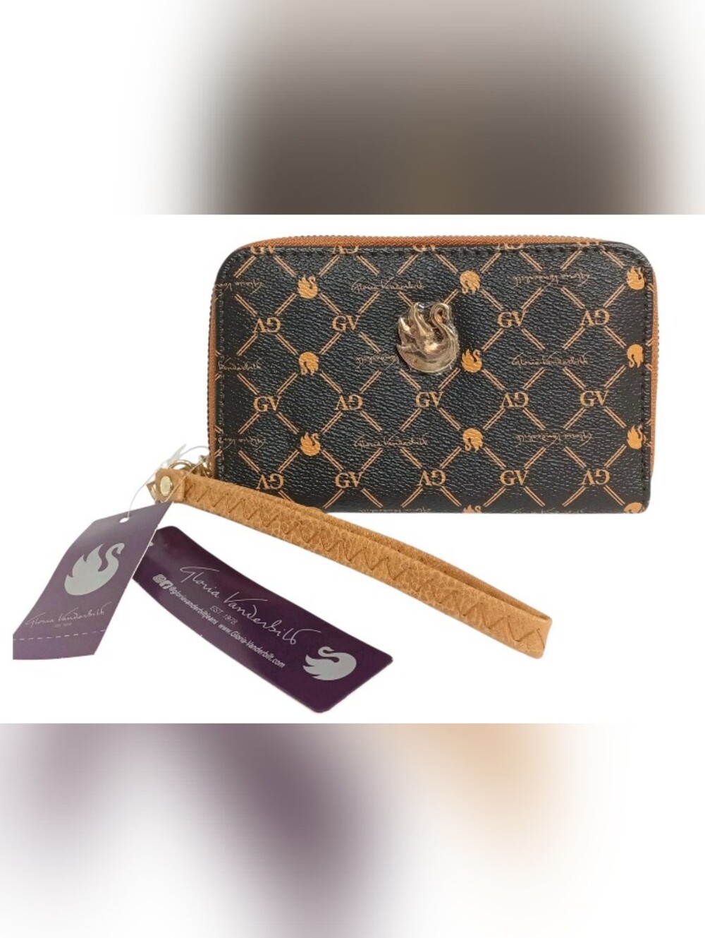 Gloria Vanderbilt Monogramed Wallet Wristlet Clutch Brown Logo Pattern NWT